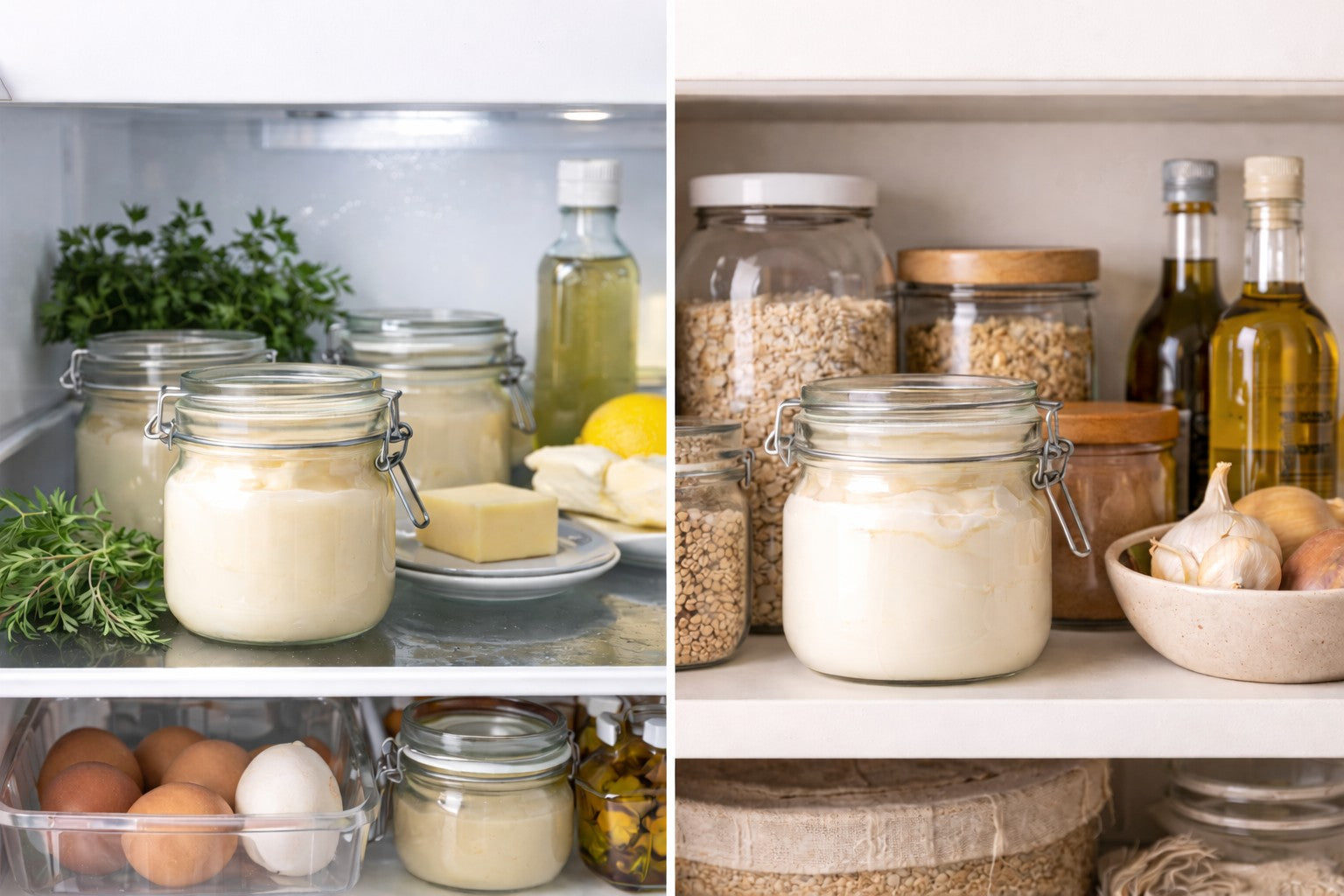 Side-by-side image of tallow stored in a refrigerator and on a pantry shelf, showing two common storage options