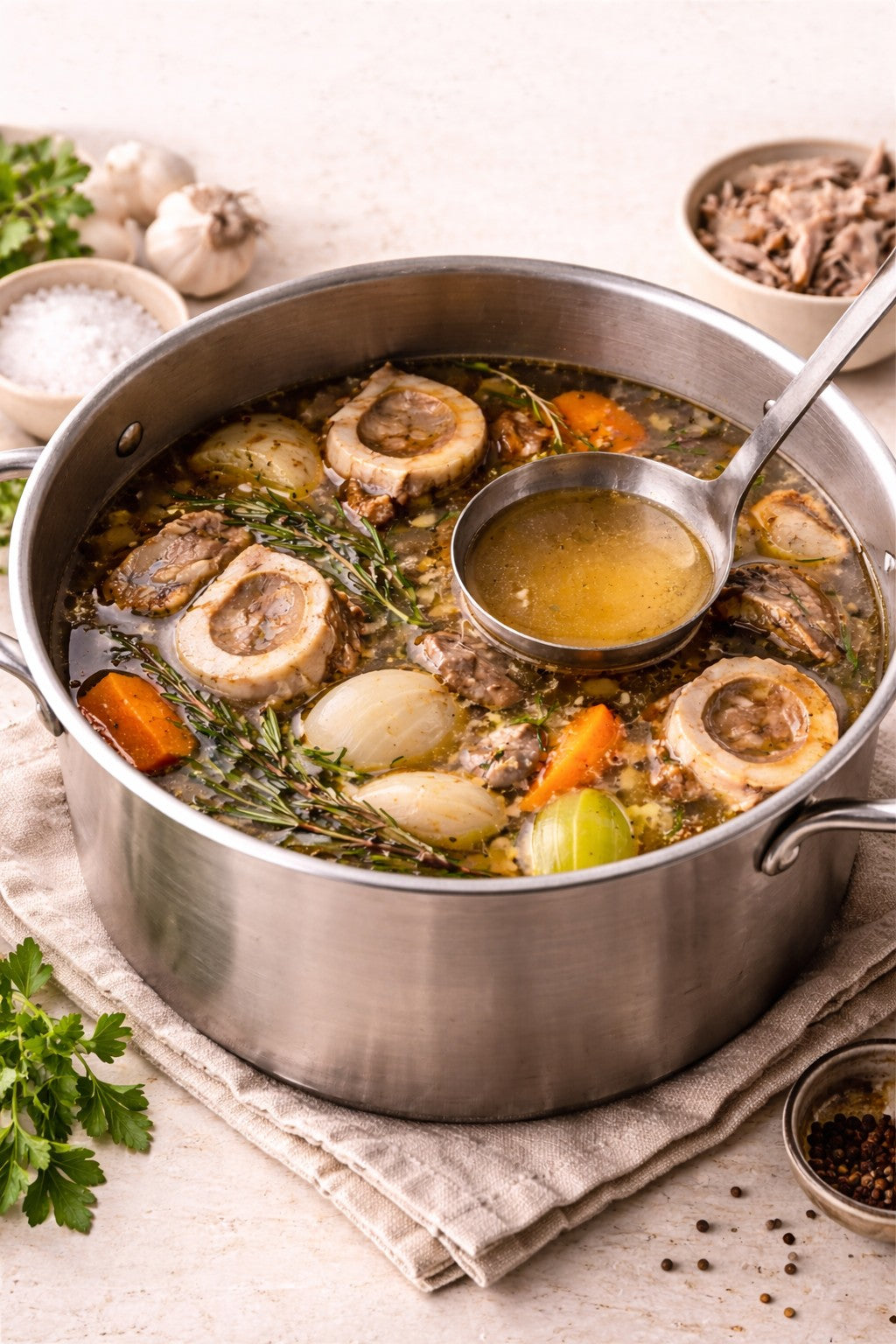 A large pot of simmering bone broth with marrow bones, vegetables, and herbs, representing a nose-to-tail cooking approac