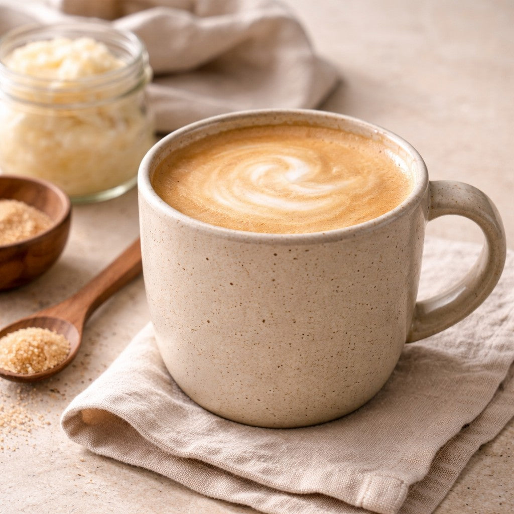A ceramic mug of coffee on a linen cloth in soft natural light, representing simple everyday rituals and small choices