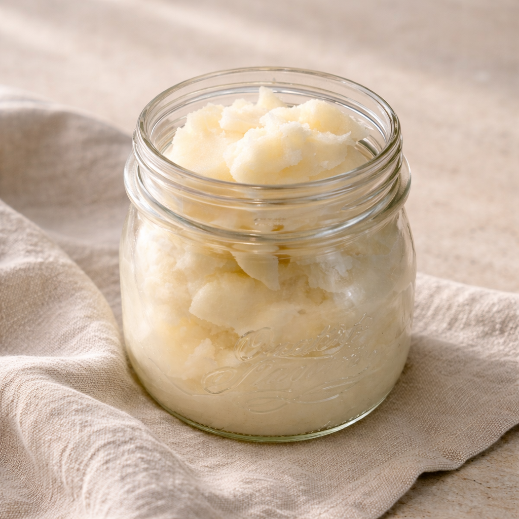 A jar of traditional tallow used for cooking, skincare, and small-batch crafting on a beige linen cloth