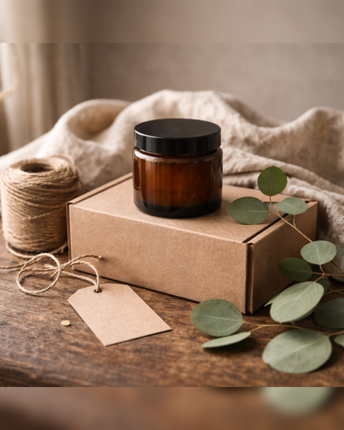 Amber glass jar on recycled kraft mailer box with twine and eucalyptus in warm natural light